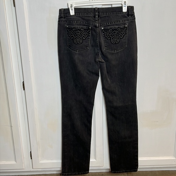 👖WHITE HOUSE BLACK MARKET NOIR 4R Slim Leg blk denim jeans embellished pockets - Picture 3 of 14